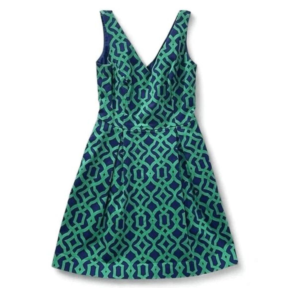 Alice & Trixie Geometric Print V Neck Fit Flare Dress Navy Green XS *READ*‎
